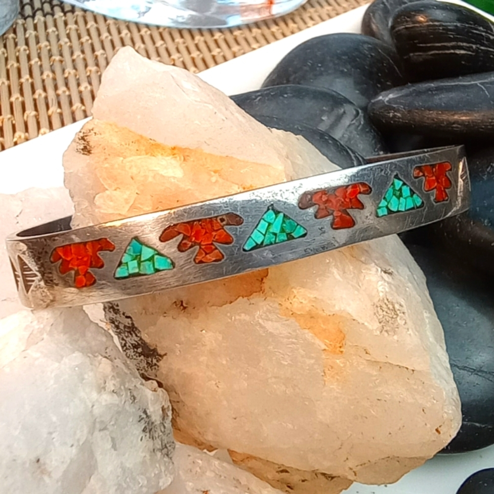 925 Vintage Southwest Cuff Turquoise and Coral Inlay, signed RB 15.32gm
